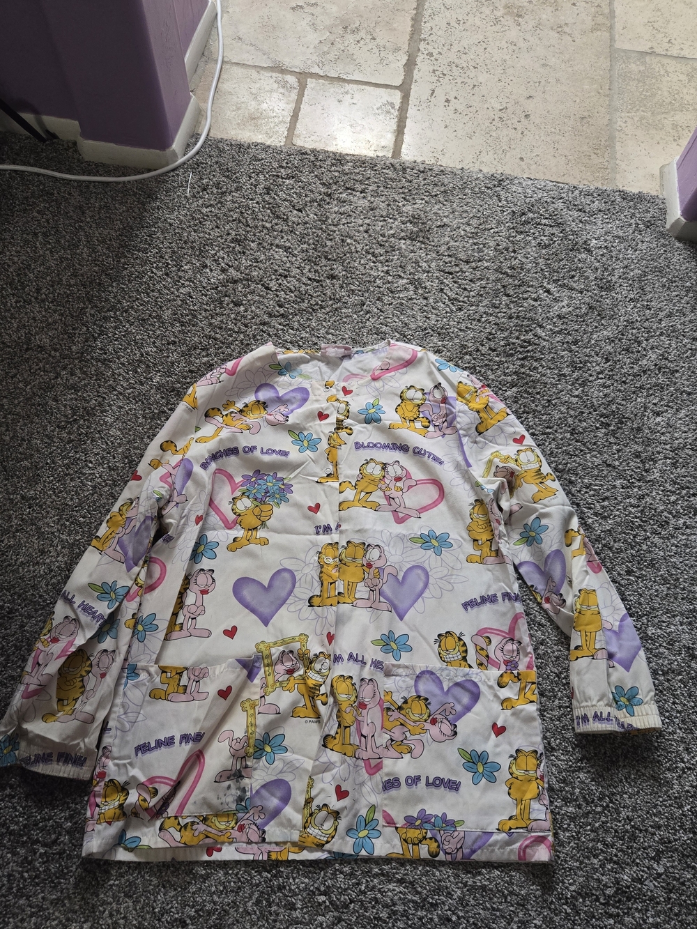 Garfield Cartoon Print Medical Scrub Top - White with Yellow & Purple - Picture 8 of 16